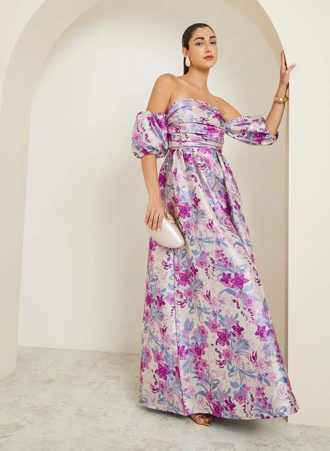 Floral Pleated Off-Shoulder Maxi Dress